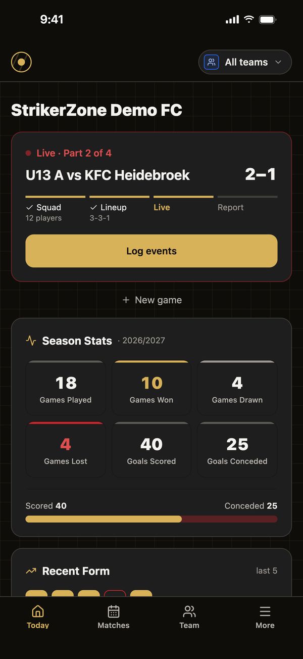 StrikerZone on iPhone: the Today screen with a live match, the four match-day steps and a gold Log events button.