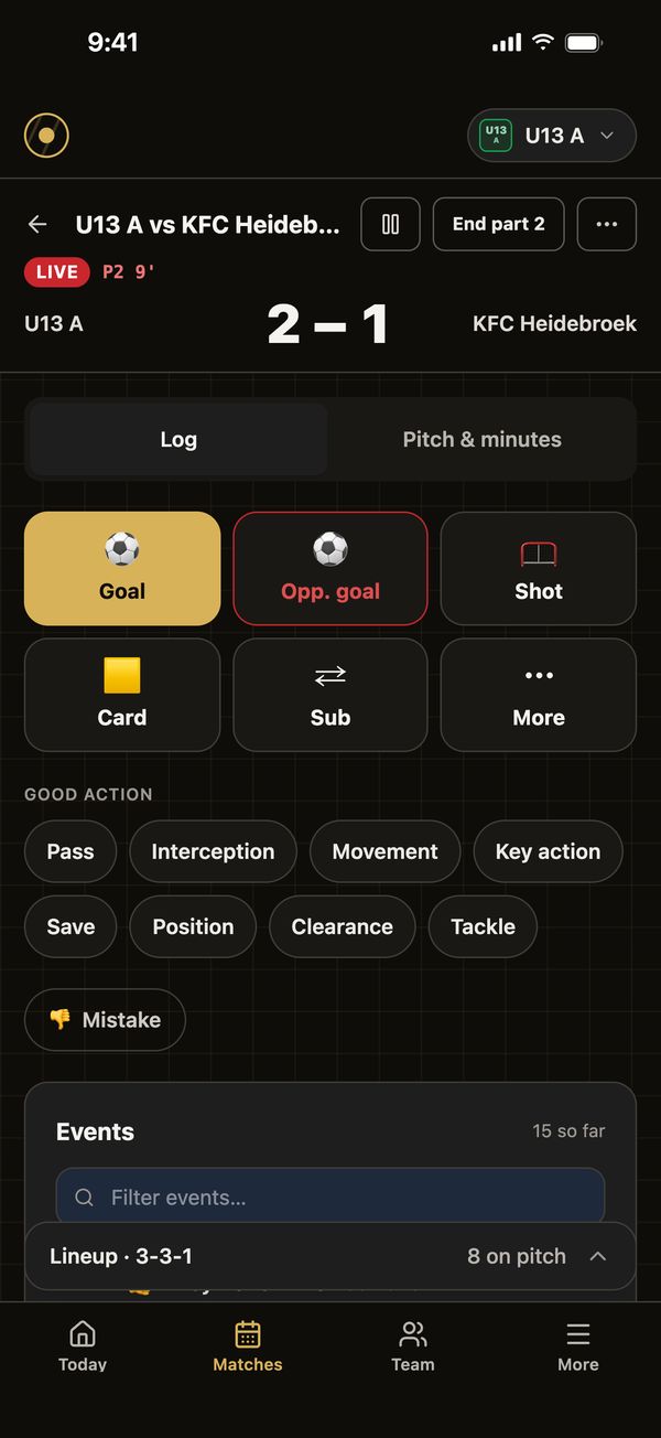 Live match screen, U13 A 2–1 KFC Heidebroek at P2 9': buttons for goal, opponent goal, shot, card, sub and more, plus good-action and mistake buttons.