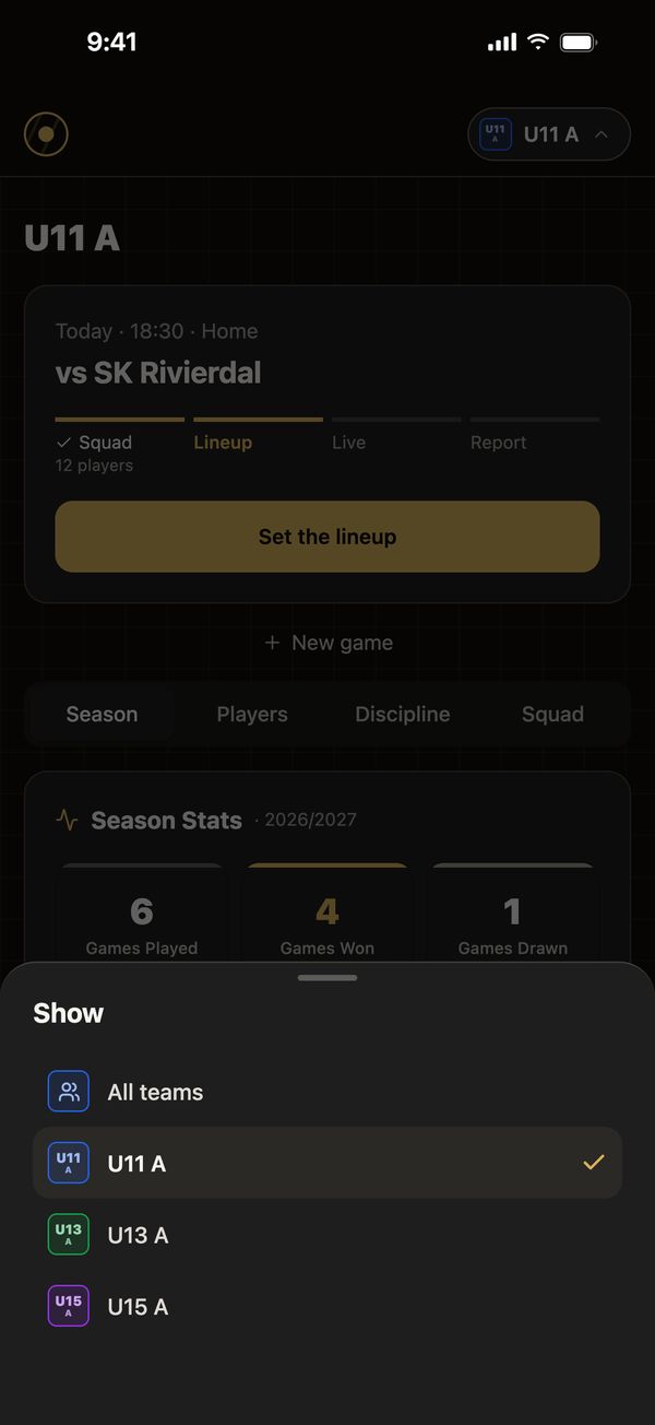 Team picker on iPhone with All teams, U11 A, U13 A and U15 A.